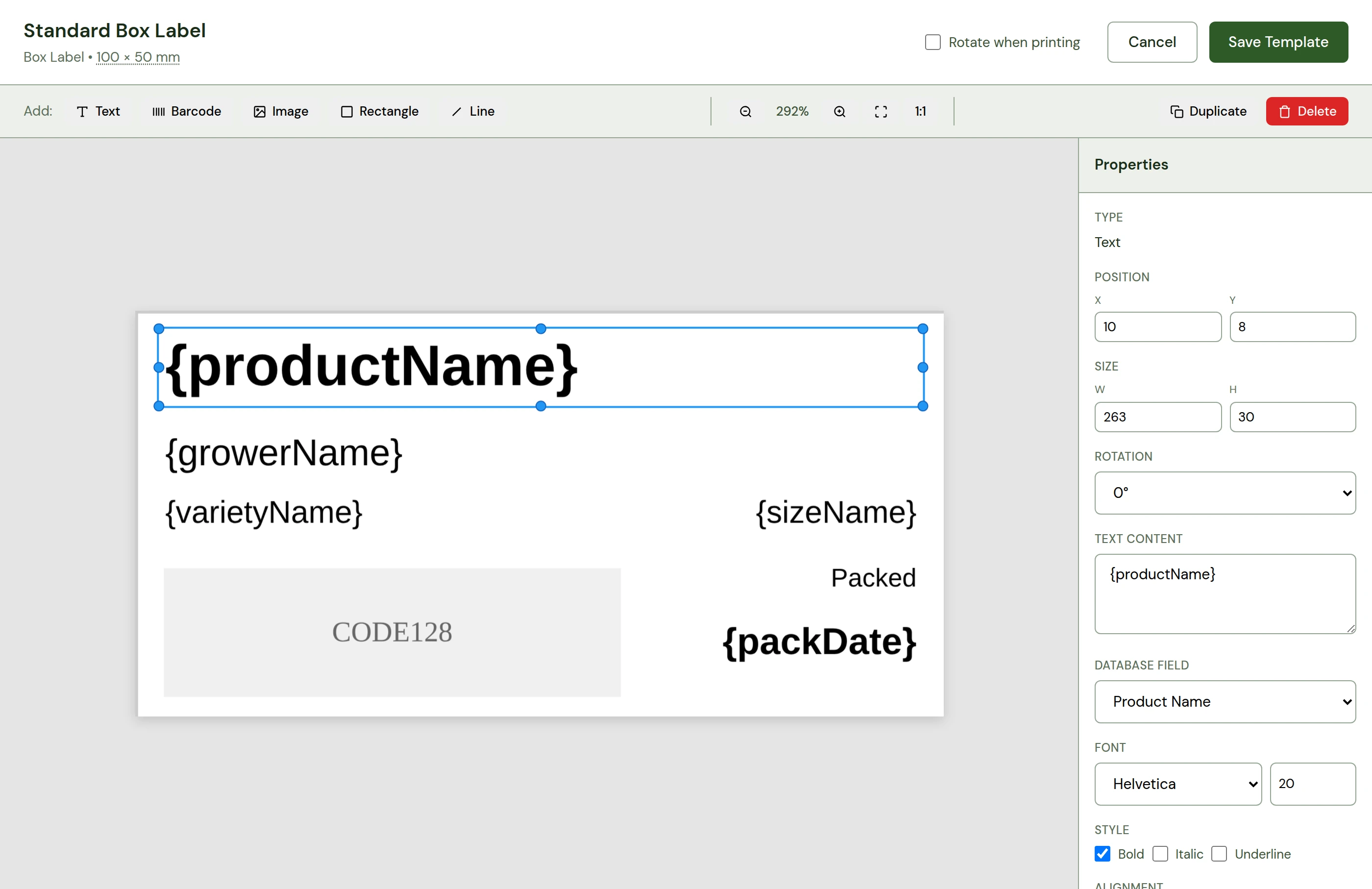 Designing a box label in the My Pack Shed label designer
