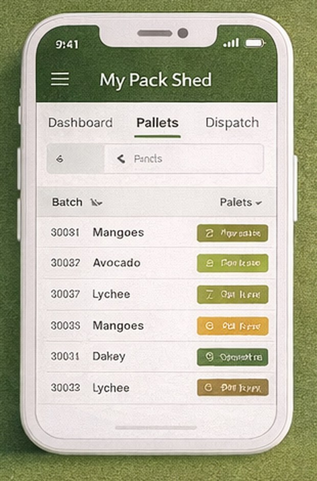 My Pack Shed running on a phone, showing the pallets screen